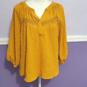 Adrienne Vittadini Mustard Boho Laced Swiss Dots Boho Peasant Popover Top